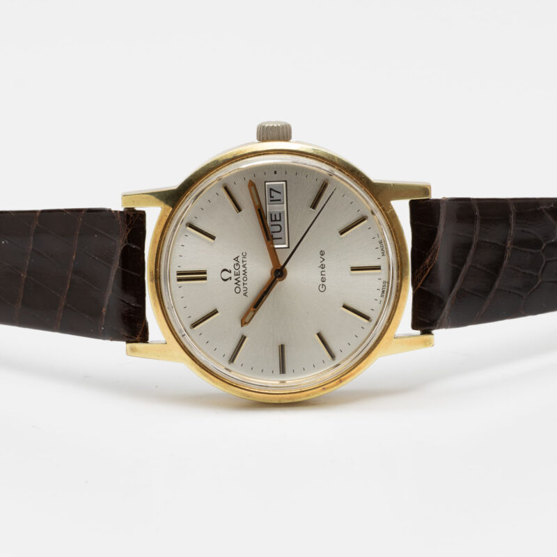 Omega Genève day/date from 1972 Ref. 166.0117. Automatic movement. Gold plated case. White dial.