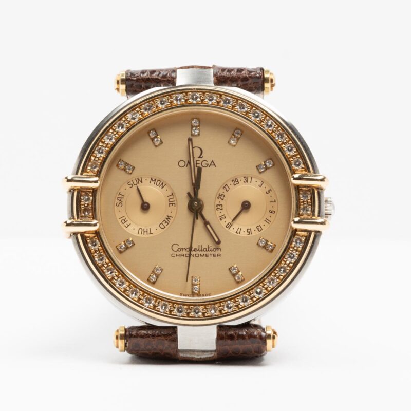 1986 Omega Constellation Manhattan Chronometer Ref. 2980155. Gold on steel. Diamond bezel, diamond indexes.