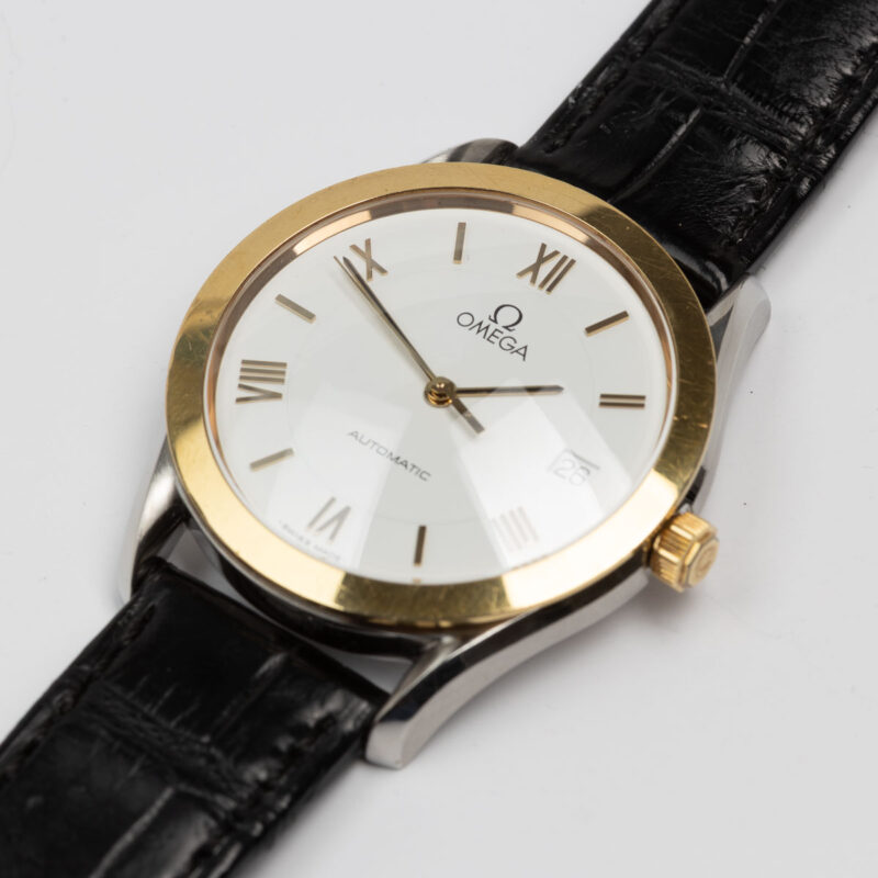 Omega date Cal. 1110 Ref. 166 0295/366 0895. From 1991. Automatic movement. Gold bezel. White dial.