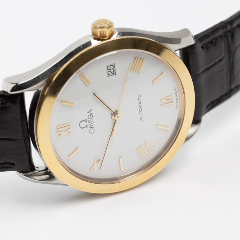 Omega date Cal. 1110 Ref. 166 0295/366 0895. From 1991. Automatic movement. Gold bezel. White dial.