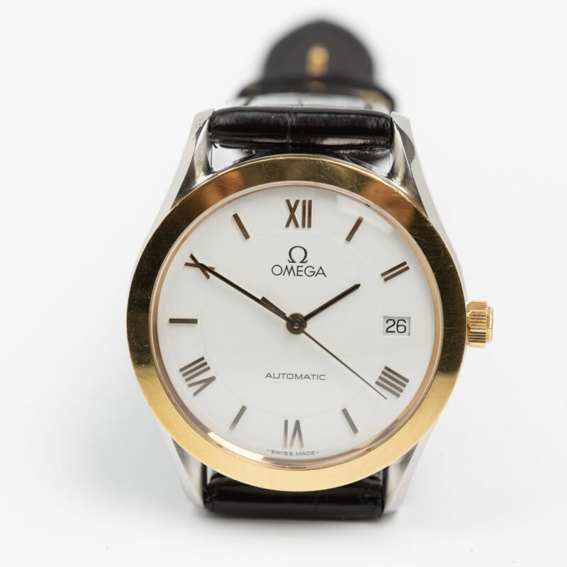 Omega date Cal. 1110 Ref. 166 0295/366 0895. From 1991. Automatic movement. Gold bezel. White dial.