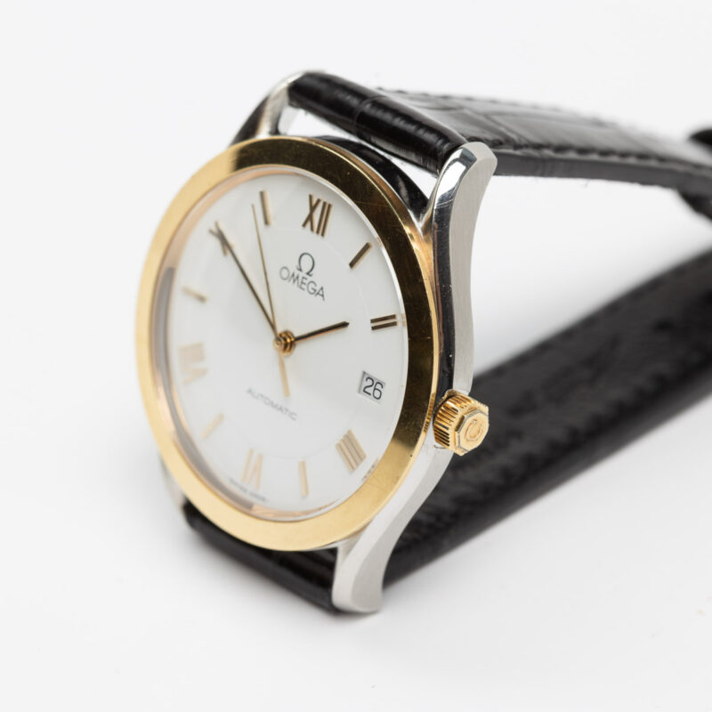 Omega date Cal. 1110 Ref. 166 0295/366 0895. From 1991. Automatic movement. Gold bezel. White dial.