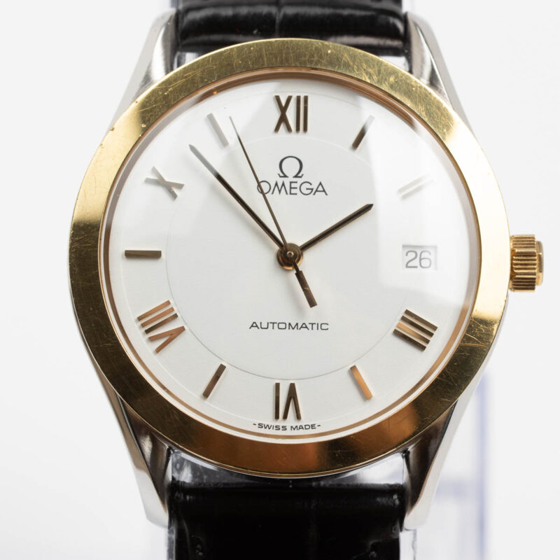 Omega date Cal. 1110 Ref. 166 0295/366 0895. From 1991. Automatic movement. Gold bezel. White dial.