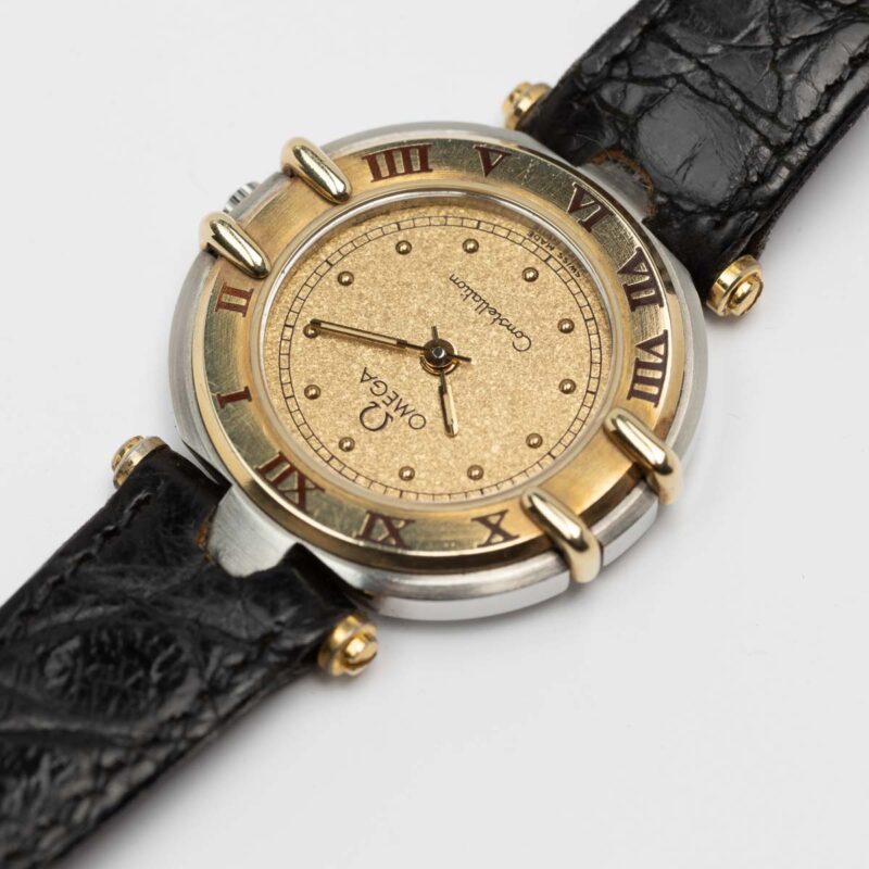 Ladies Omega Constellation Manhattan Cal. 1455 Ref. 595.1080. From 1989. Quartz movment. Gold bezel. Steel case. Sparkle dial.